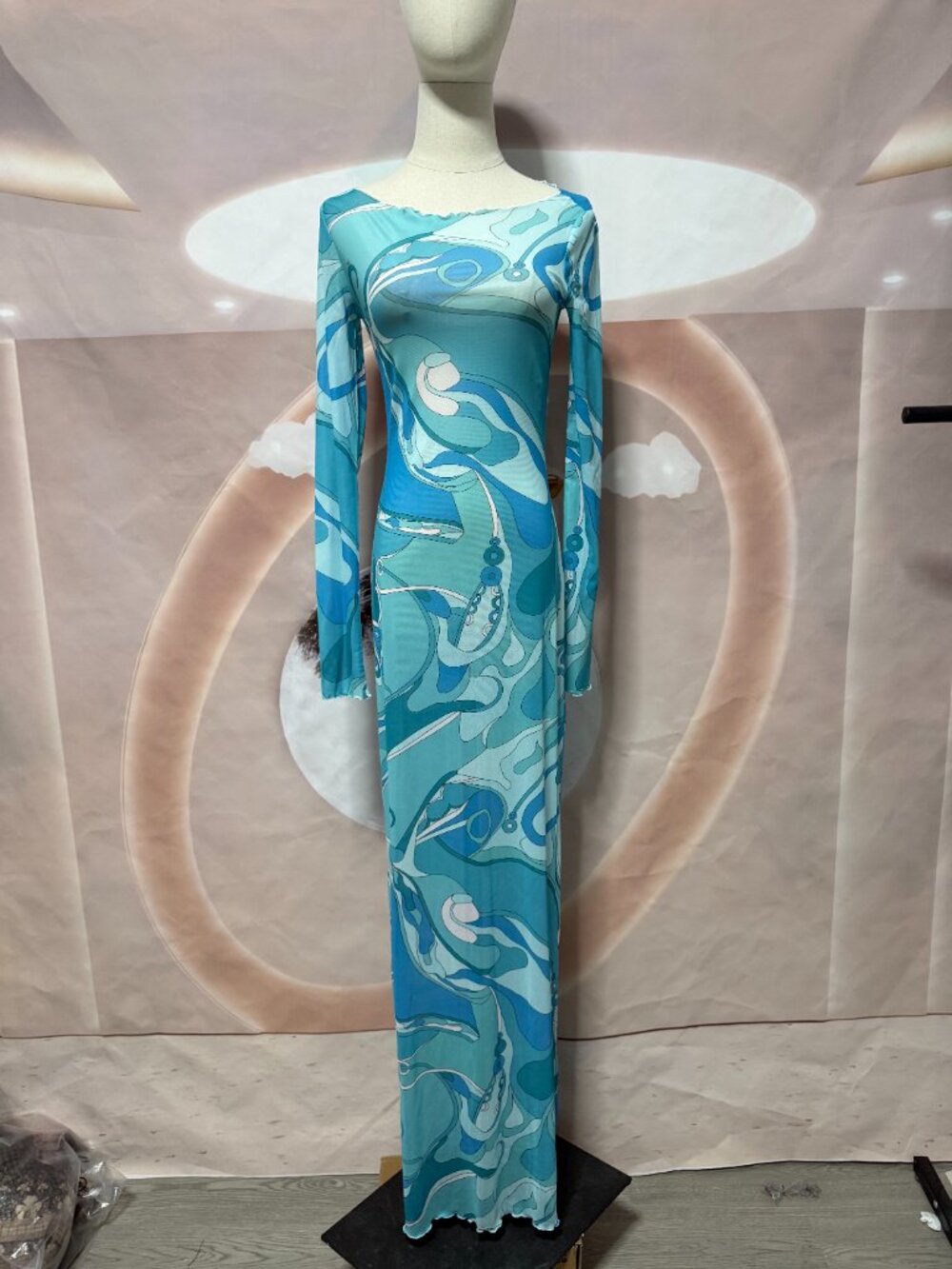 Emilio Pucci Turquoise Swirl-Print Tulle Long-Sleeve Dress - Picture 4 of 13